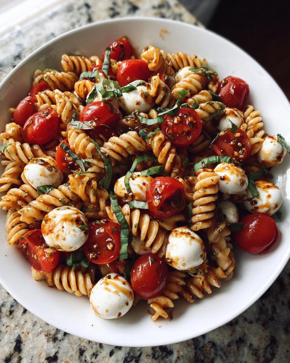 A white bowl filled with amazing caprese pasta salad featuring fusilli pasta, cherry tomatoes, mozzarella balls, and basil.