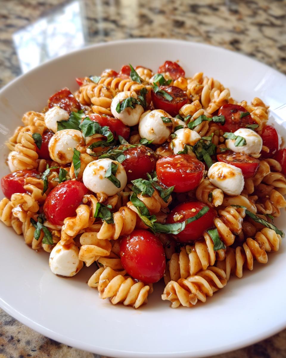 Close-up of a white bowl filled with amazing caprese pasta salad featuring fusilli pasta, cherry tomatoes, mozzarella balls, and basil.