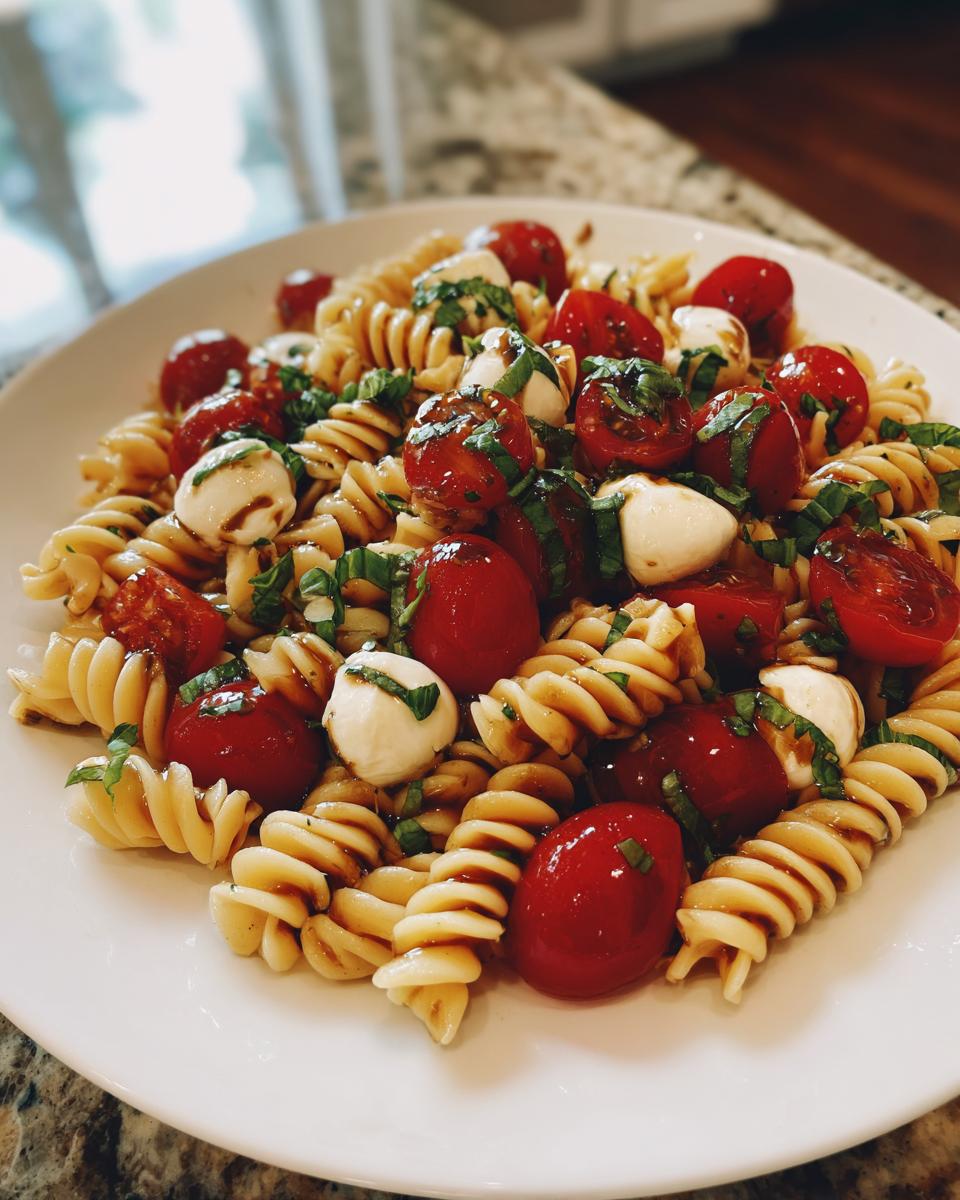A close-up of amazing caprese pasta salad featuring fusilli pasta, cherry tomatoes, mozzarella balls, and basil, drizzled with balsamic glaze.