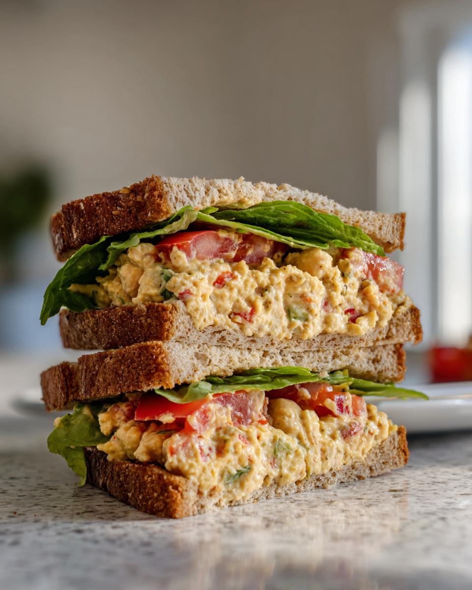 A tall, stacked chickpea salad sandwich featuring creamy filling, lettuce, and tomato on whole wheat bread.
