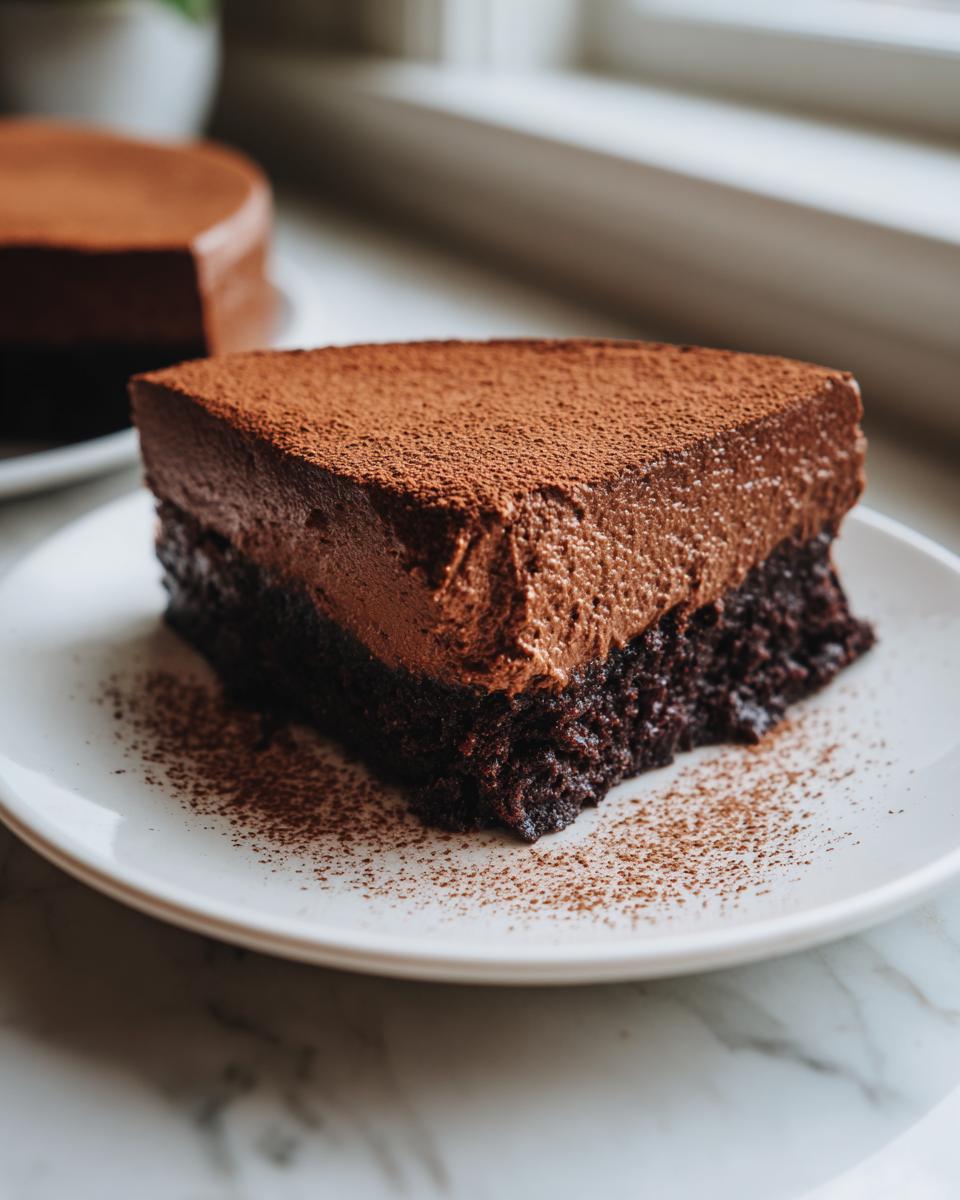 A decadent slice of chocolate mousse cake featuring a dark, moist base and thick, airy mousse topping dusted with cocoa powder.
