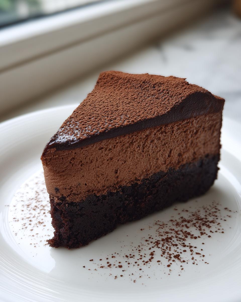 A decadent slice of chocolate mousse cake featuring a dense brownie base and light mousse layer, dusted with cocoa powder.