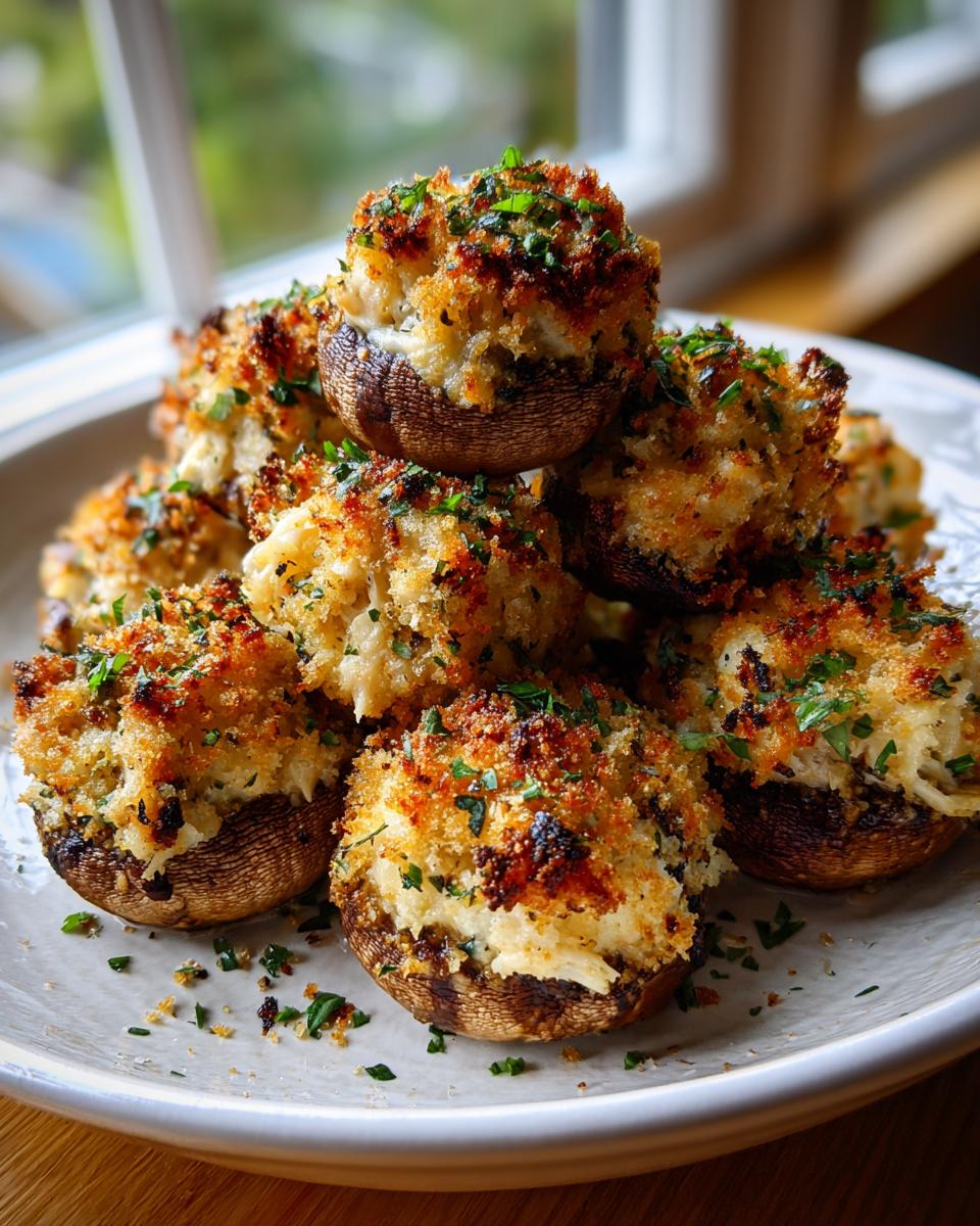 A stack of perfectly baked crab stuffed mushrooms with a golden, crispy topping and fresh parsley garnish.