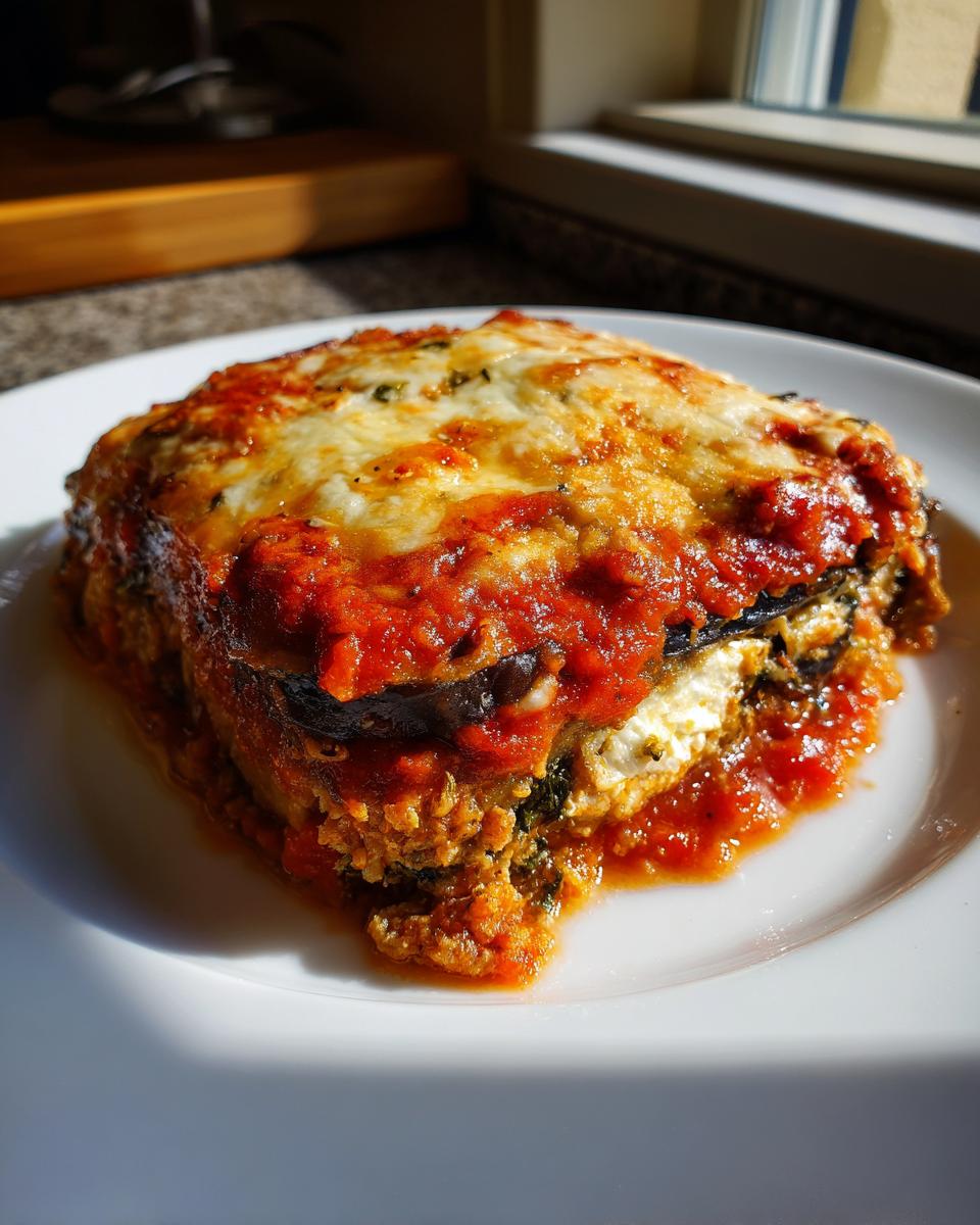 A rich, cheesy slice of amazing eggplant parmesan served on a white plate, topped with melted mozzarella and tomato sauce.
