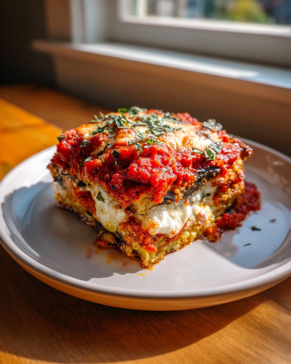 A thick, layered slice of amazing eggplant parmesan topped with melted cheese and bright red marinara sauce.