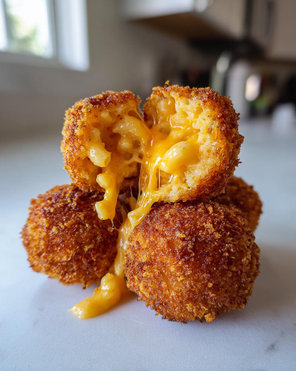 Close-up of golden brown fried mac and cheese balls, one broken open revealing melted cheese stretching out.