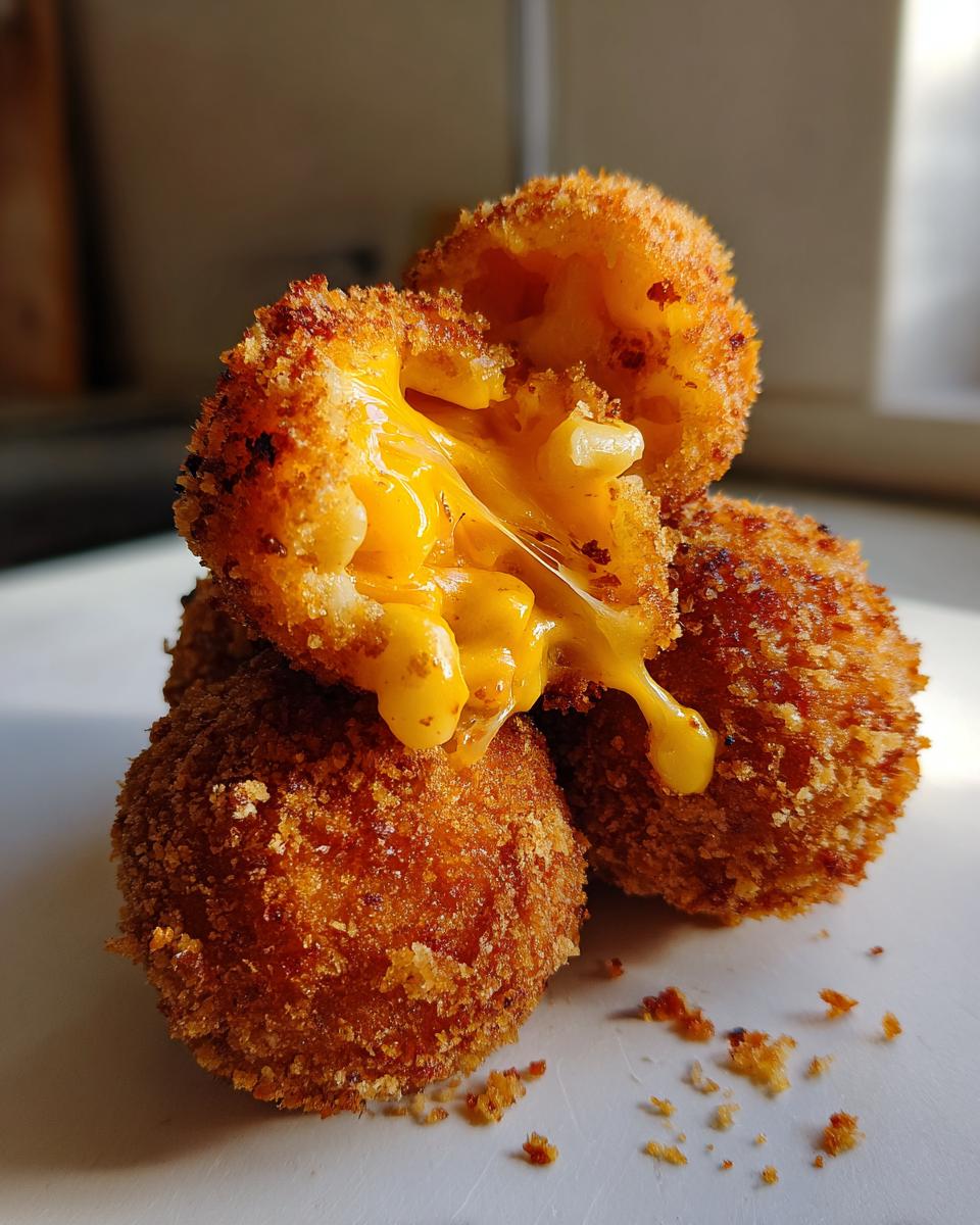 Close-up of fried mac and cheese balls, one broken open revealing melted, gooey cheese and macaroni.