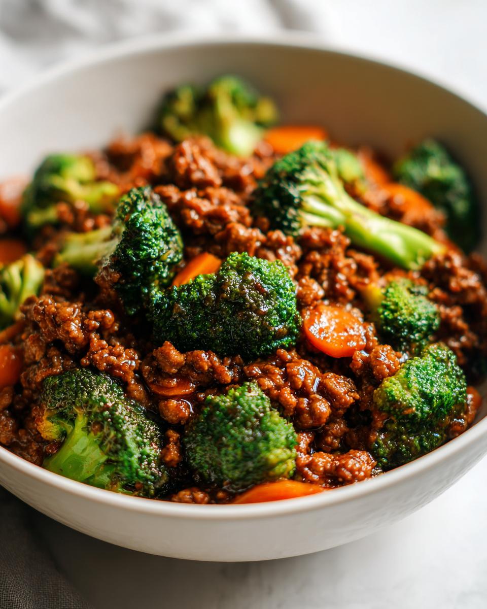 Close-up of a white bowl filled with a savory ground beef stir fry mixed with bright green broccoli florets and sliced carrots.