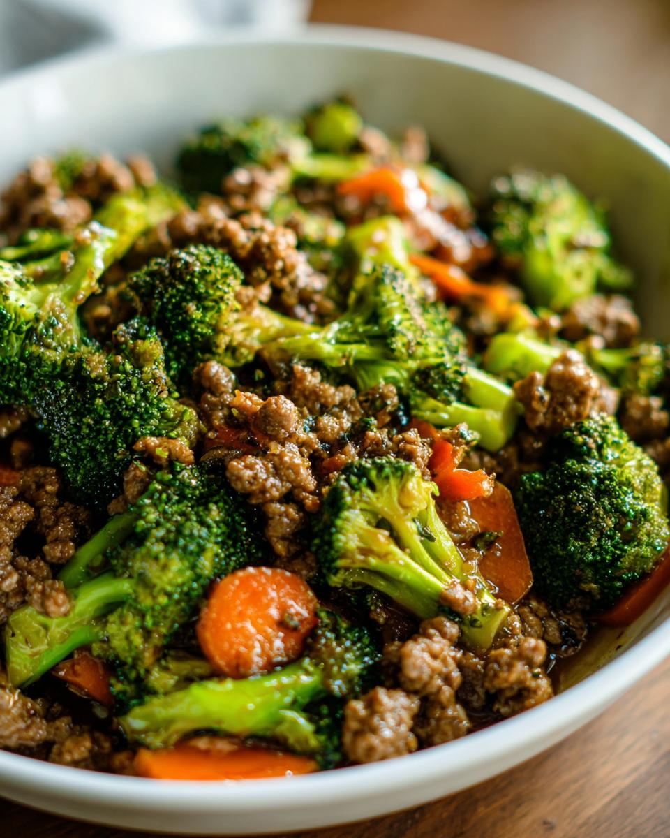 Close-up of a white bowl filled with a savory ground beef stir fry mixed with bright green broccoli florets and sliced carrots.