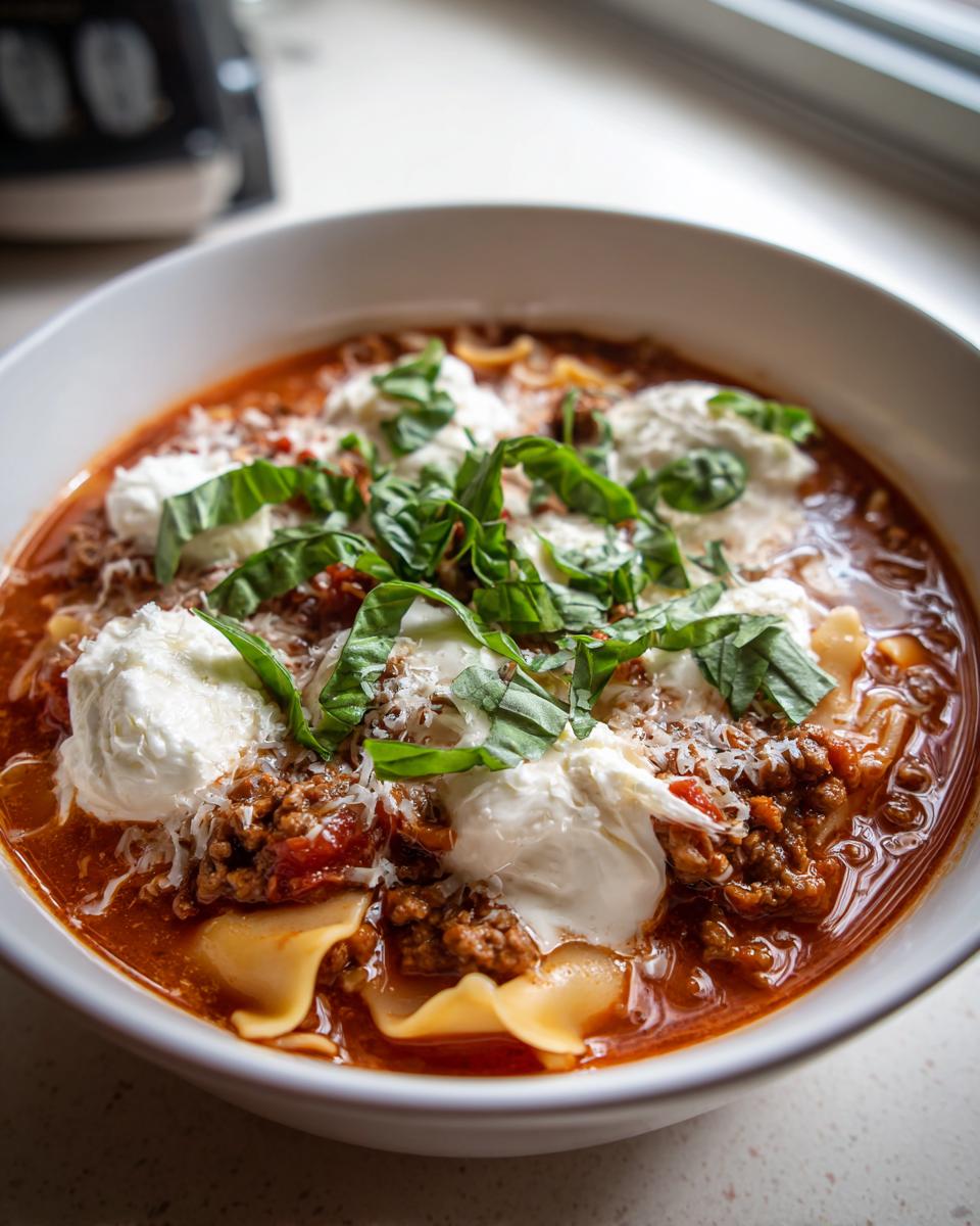 Close-up of a white bowl filled with rich, tomato-based lasagna soup, topped with dollops of ricotta, grated Parmesan, and fresh basil.