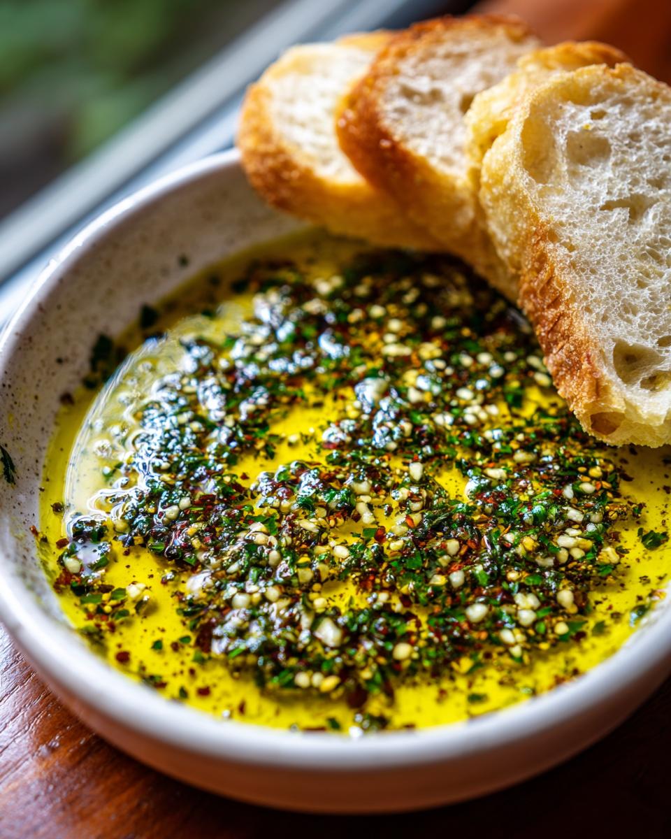 Close-up of a small white bowl filled with bright yellow olive oil bread dip seasoned with herbs and spices, served with toasted bread slices.