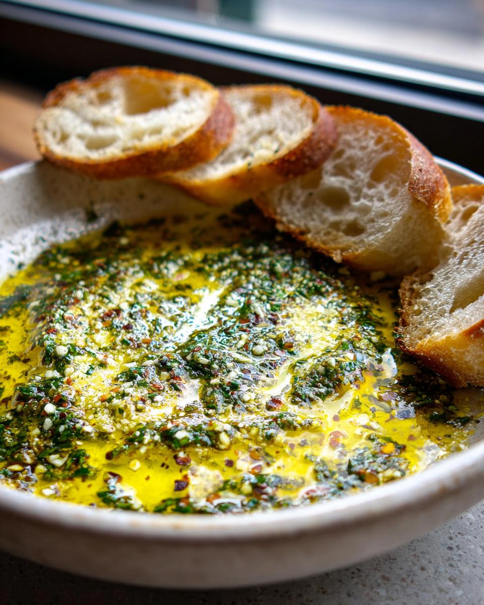 Close-up of a bowl filled with vibrant green olive oil bread dip seasoned with herbs and spices, served with toasted baguette slices.