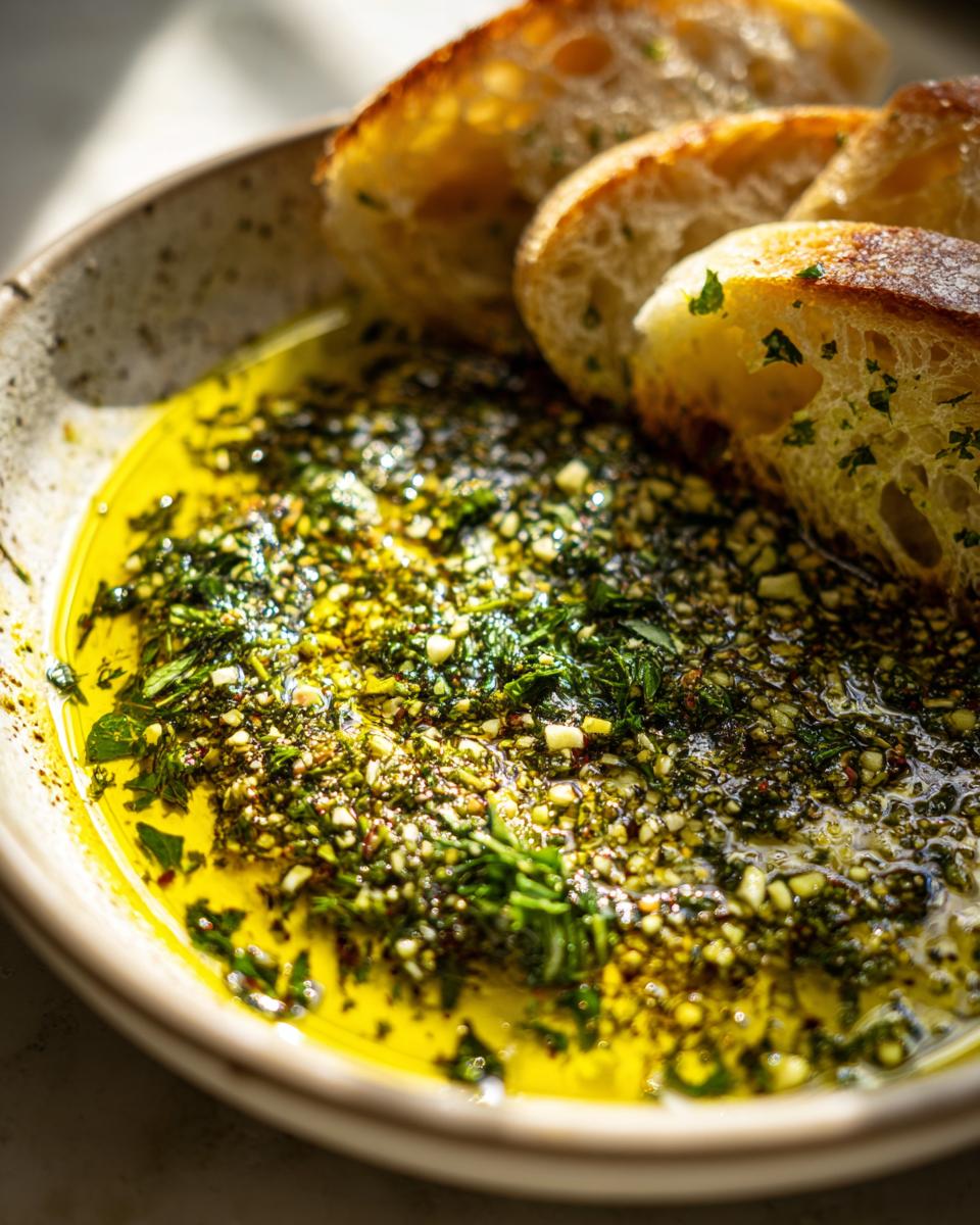 Close-up of a bowl filled with vibrant olive oil bread dip seasoned with herbs and garlic, served with toasted bread slices.