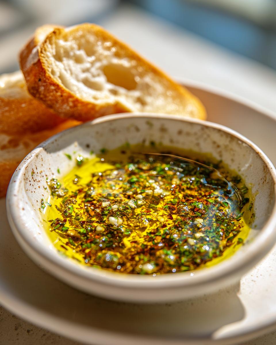 Close-up of a small bowl filled with vibrant olive oil bread dip, featuring herbs and garlic, next to slices of crusty bread.