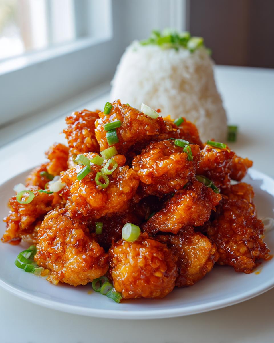A plate piled high with glossy, crispy orange chicken pieces, garnished with green onions, served next to a mound of white rice.