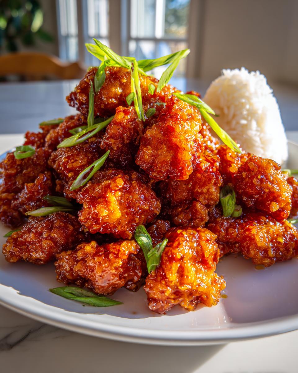 A close-up of a generous serving of sticky, glazed orange chicken piled on a white plate next to a scoop of white rice.