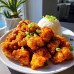 A close-up of crispy, glazed orange chicken piled high on a white plate next to a scoop of white rice, garnished with green onions.