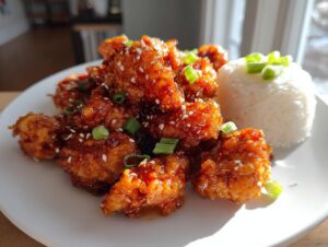 Close-up of sticky, glazed orange chicken pieces garnished with sesame seeds and green onions, served next to a mound of white rice.