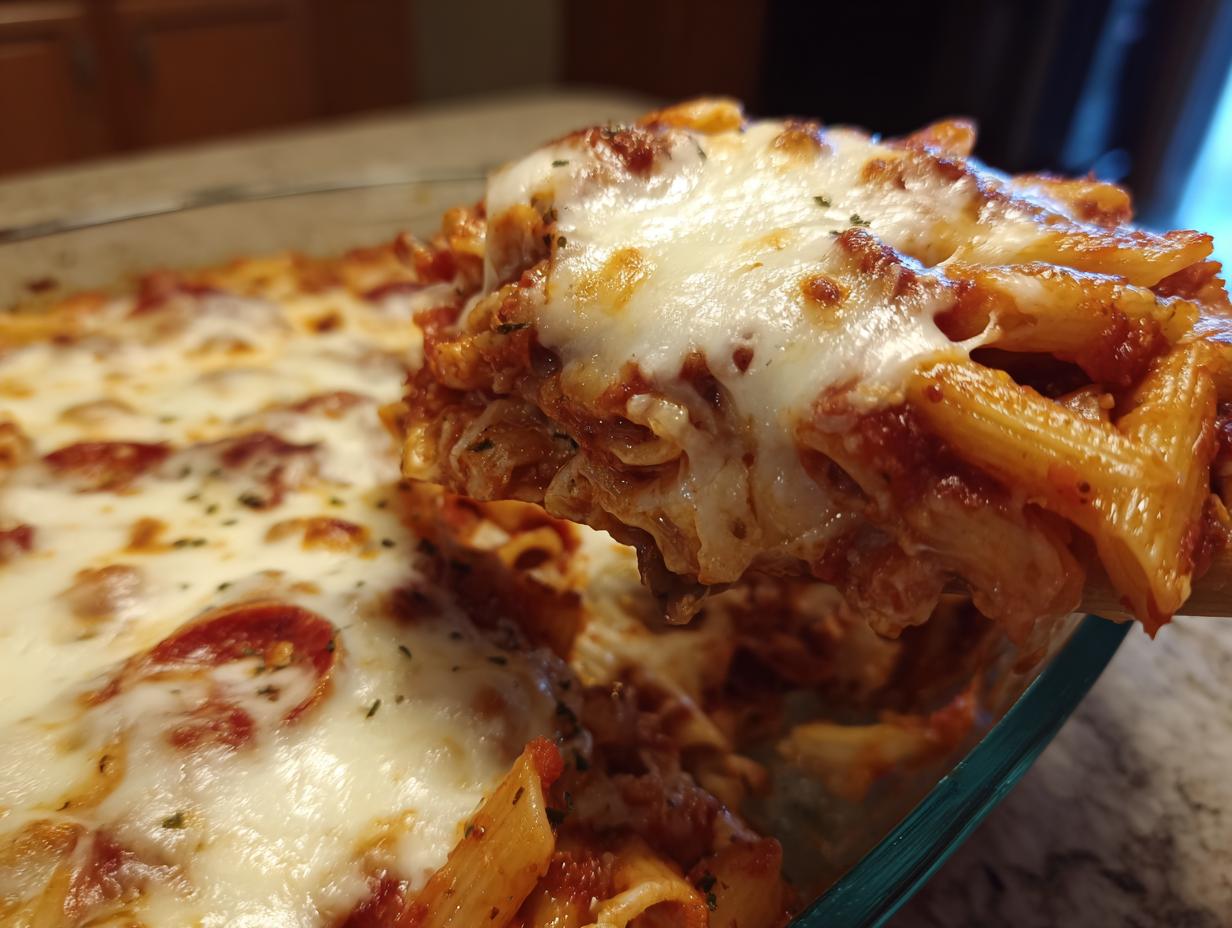 A close-up shot of a serving spoon lifting a cheesy portion of baked pizza pasta from a glass dish.