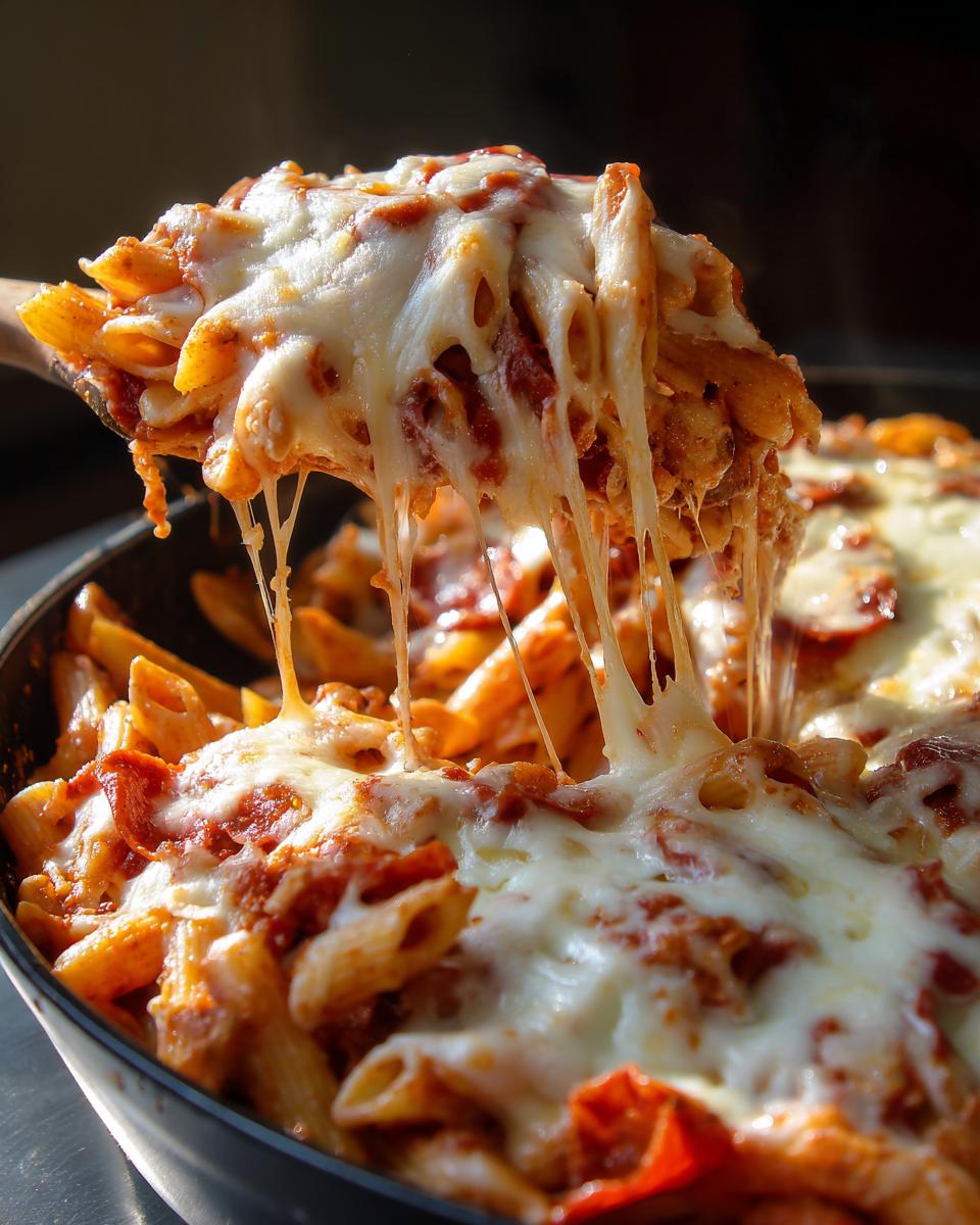 Close-up of a wooden spoon lifting a serving of baked pizza pasta, showing extreme cheese pull.