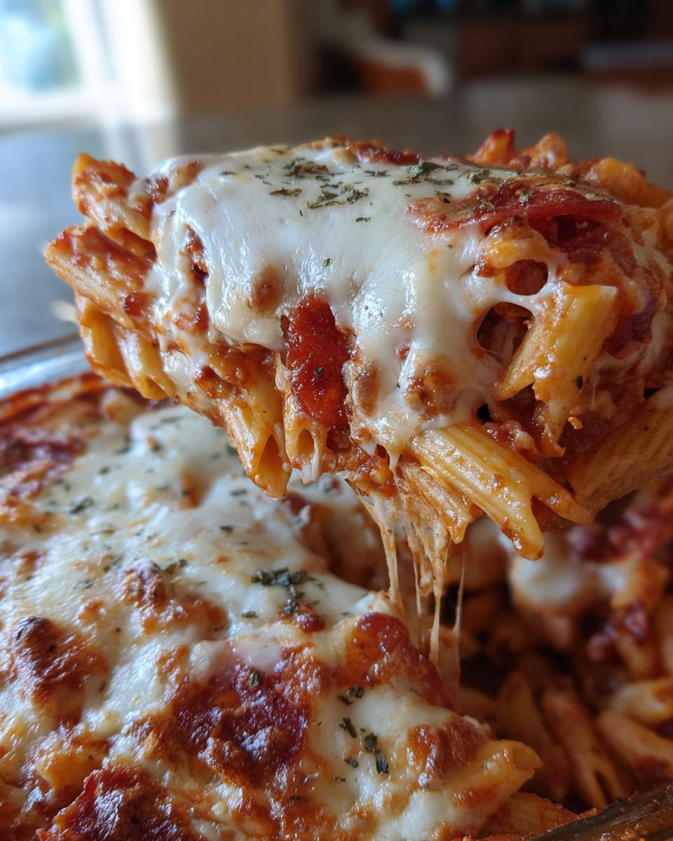 A serving spoon lifts a cheesy, saucy portion of pizza pasta bake, showing melted mozzarella strings.