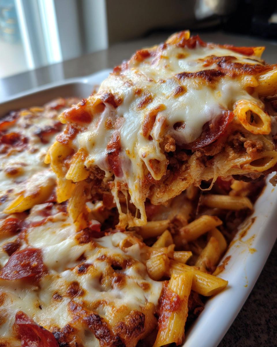 A serving spoon lifts a cheesy, saucy portion of pizza pasta bake out of a white dish.