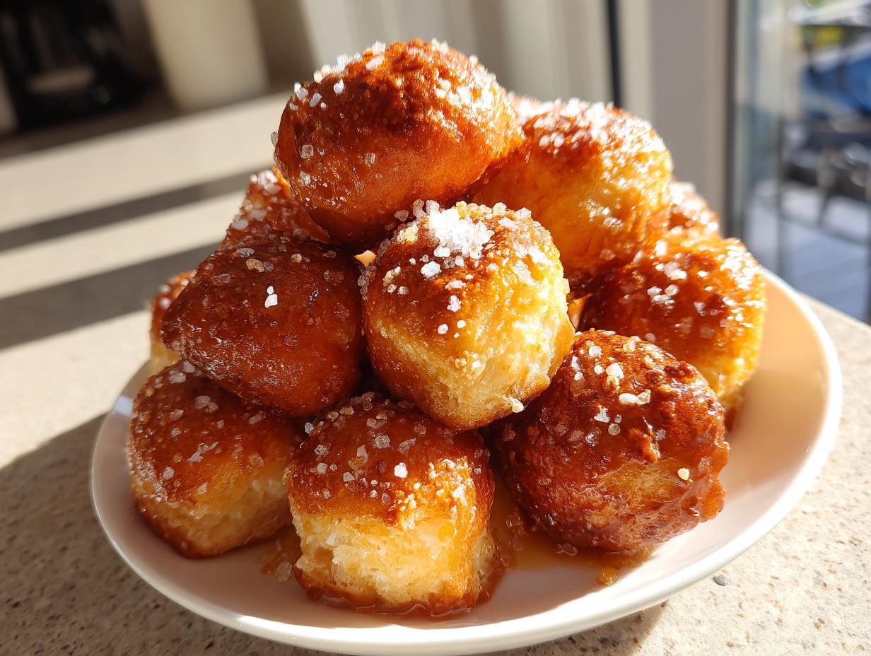 A pile of freshly baked, golden brown pretzel bites sprinkled with coarse salt, glistening under sunlight.