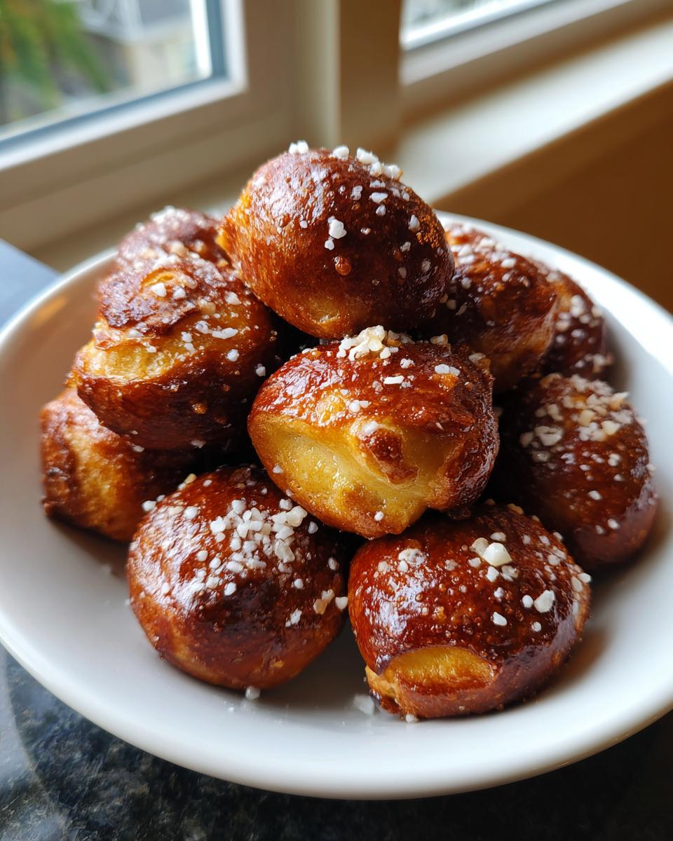 A close-up of a white bowl filled with freshly baked, golden brown pretzel bites sprinkled with coarse salt.
