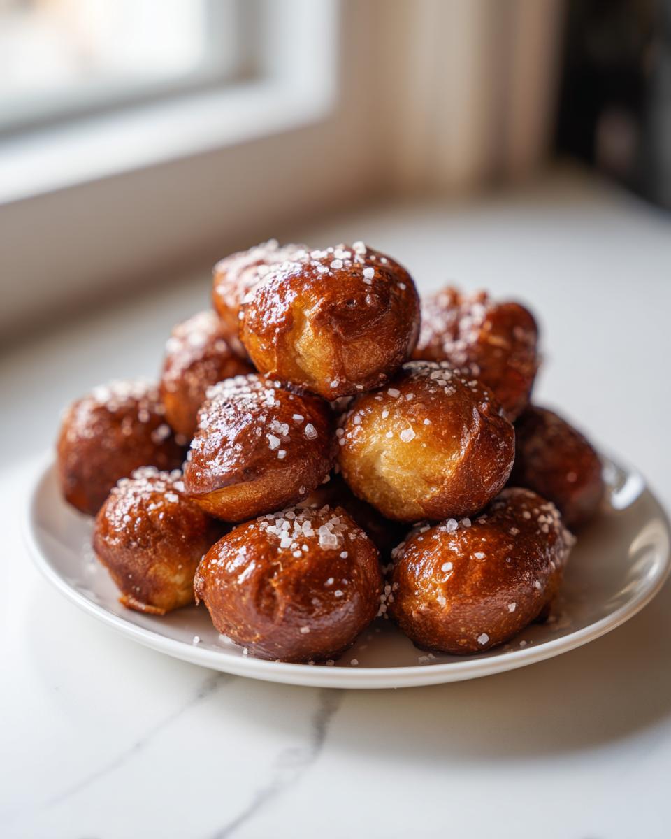 A close-up of a stack of golden brown, glistening pretzel bites sprinkled with coarse salt.
