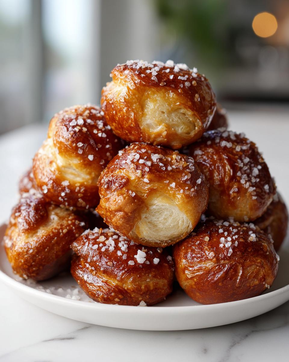 A stack of shiny, golden brown pretzel bites topped with coarse salt, ready to eat.