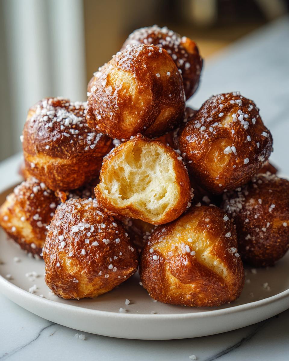 A close-up of a stack of golden brown pretzel bites sprinkled with coarse salt, one is broken open showing the soft interior.