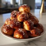 A mound of freshly baked, shiny pretzel bites topped with coarse salt, ready to eat.