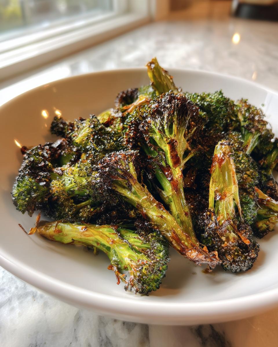 Close-up of perfectly charred and crispy roasted broccoli florets served in a white bowl.