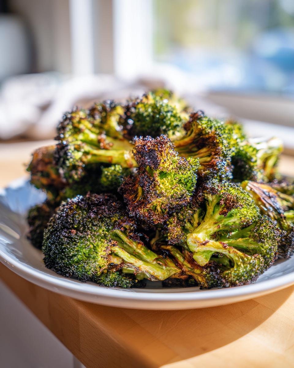 Close-up of perfectly charred and tender roasted broccoli florets piled high on a white serving dish.