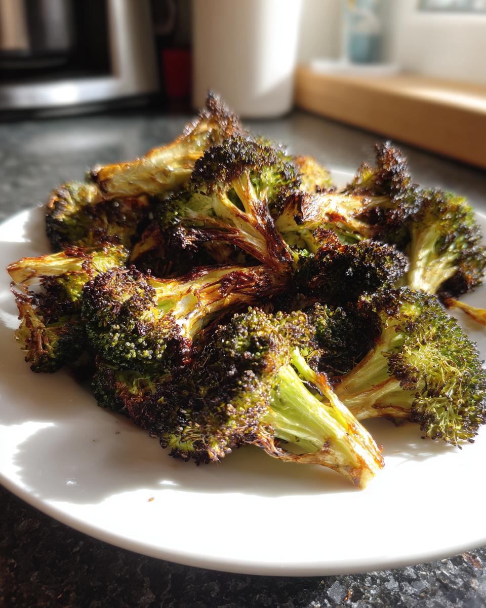 Close-up of perfectly charred and crispy roasted broccoli florets piled on a white plate.