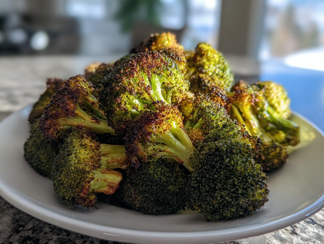 A close-up of perfectly cooked roasted broccoli florets piled high on a white plate, showing crispy, browned edges.