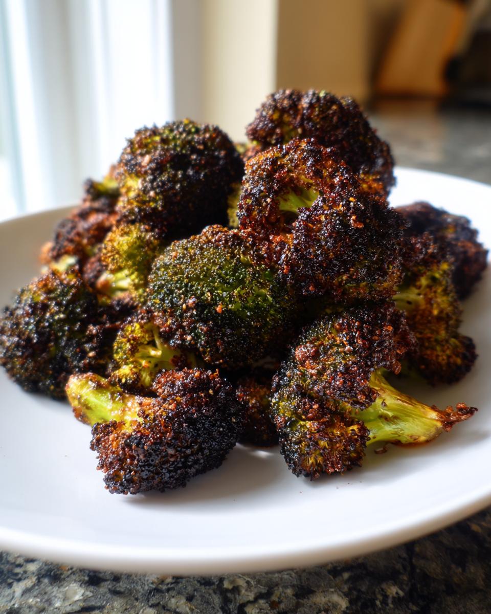 A pile of perfectly crispy and slightly charred roasted broccoli florets served on a white plate.