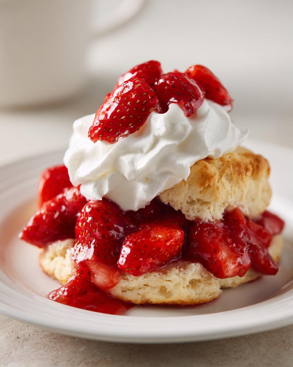 A close-up of a delicious strawberry shortcake featuring a split biscuit, macerated strawberries, and a dollop of whipped cream.