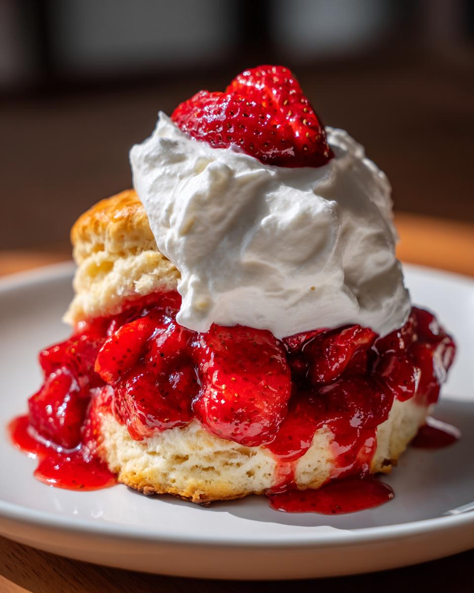 Close-up of a delicious strawberry shortcake featuring a biscuit base, macerated strawberries, and a generous topping of whipped cream.