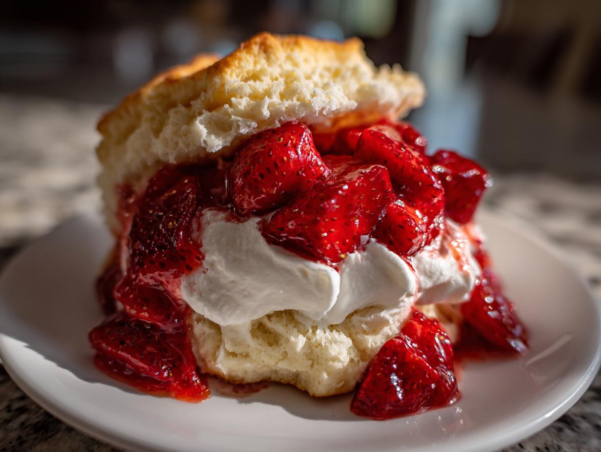 A decadent serving of strawberry shortcake featuring a split biscuit filled with whipped cream and macerated strawberries.