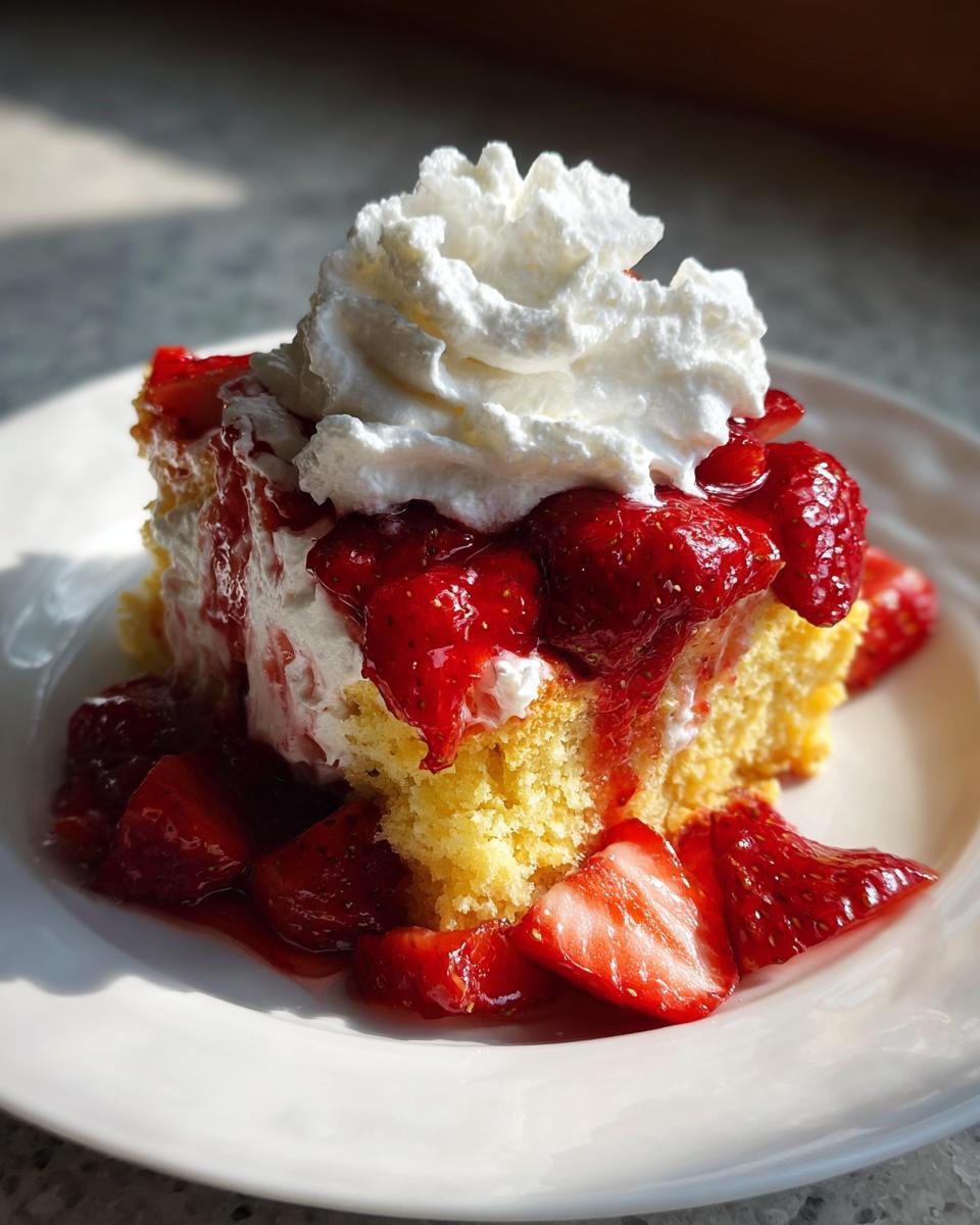 A decadent slice of strawberry shortcake featuring yellow cake, macerated strawberries, and a generous dollop of whipped cream.