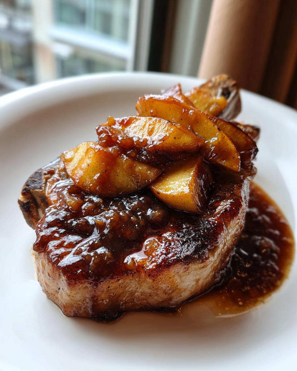 Close-up of a thick, seared pork chop topped with caramelized apple slices and rich brown sauce, showcasing delicious apple pork chops.