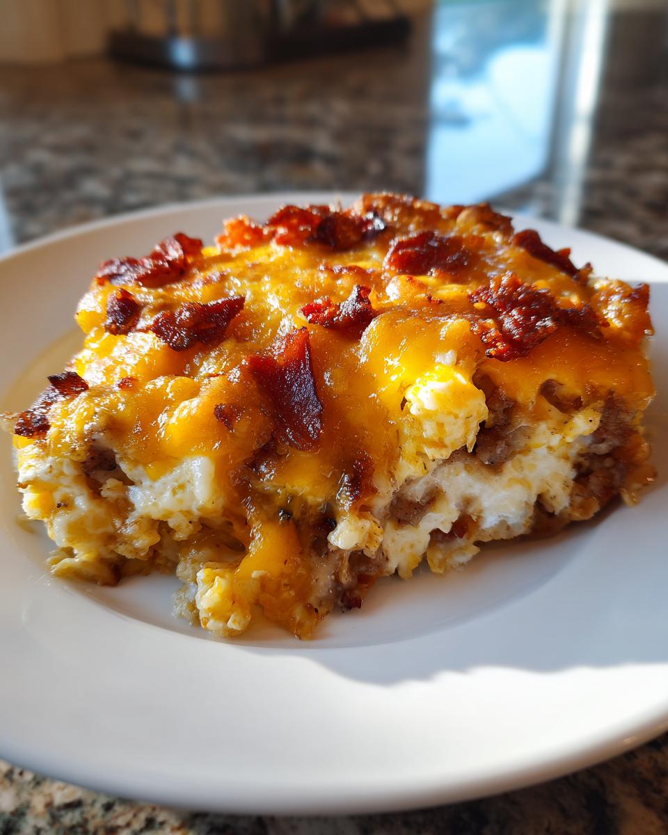 A close-up serving of bacon cheeseburger casserole topped with melted cheddar cheese and crispy bacon pieces.