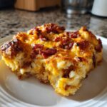 A hearty slice of bacon cheeseburger casserole topped with melted cheddar and crispy bacon bits on a white plate.