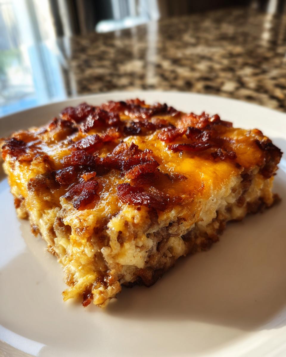 A close-up, golden-brown slice of bacon cheeseburger casserole topped with melted cheddar and crispy bacon bits.