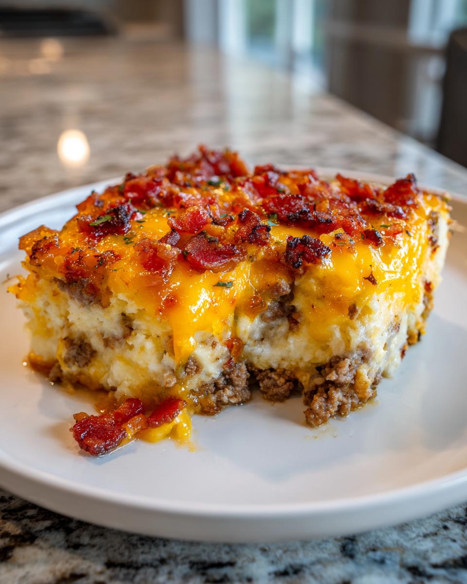 A generous slice of bacon cheeseburger casserole topped with melted cheddar cheese and crispy bacon bits.