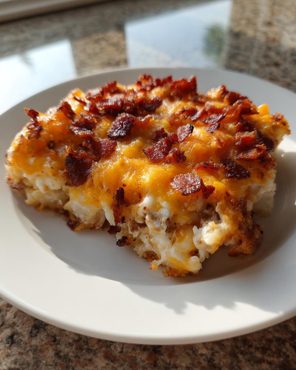 A golden-brown slice of bacon cheeseburger casserole topped with melted cheddar cheese and crispy bacon bits, served on a white plate.