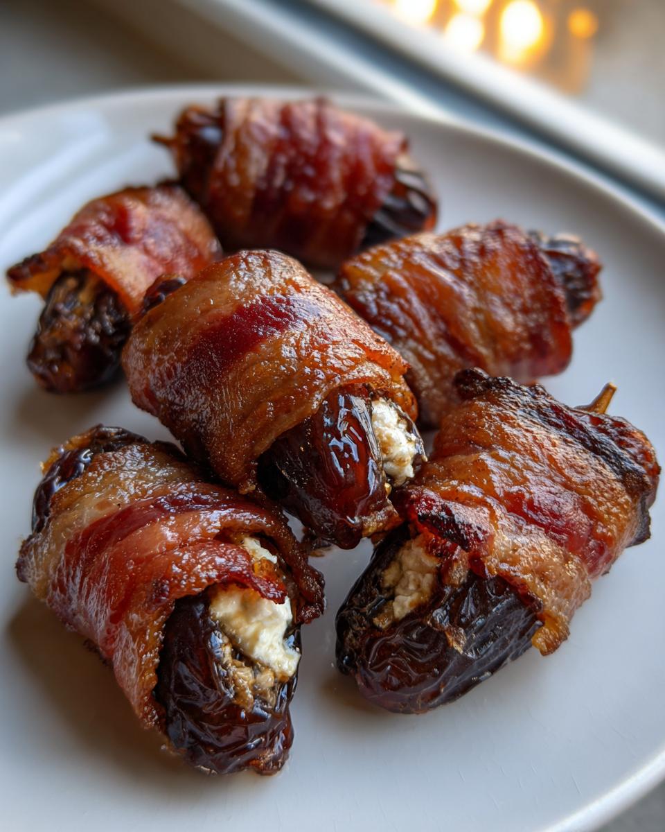 Close-up of several perfectly cooked bacon wrapped stuffed dates piled on a white plate.