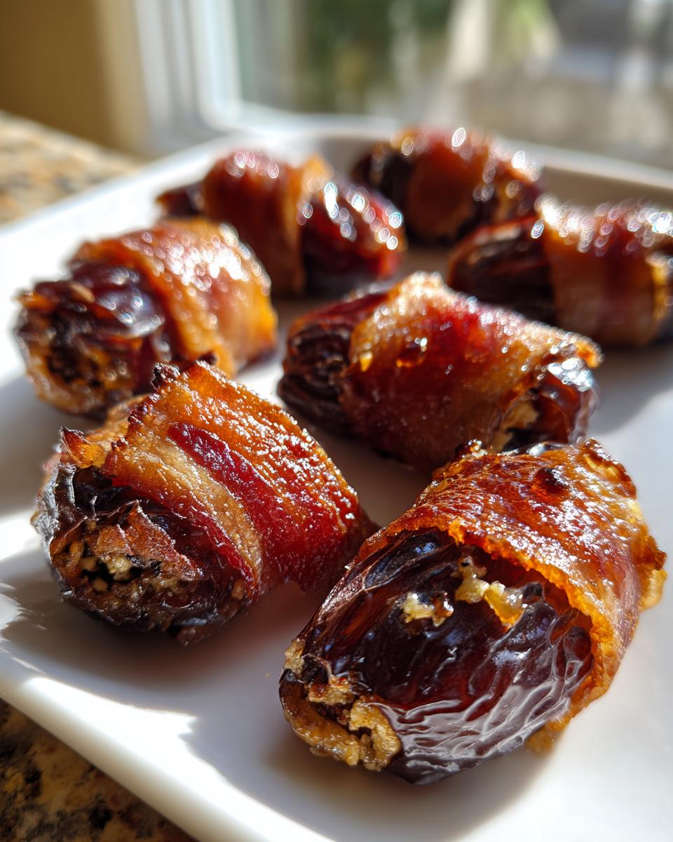 Close-up of several glistening, caramelized bacon wrapped stuffed dates arranged on a white serving plate.