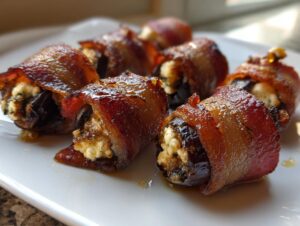 Close-up of several glistening, bacon-wrapped stuffed dates served on a white plate.
